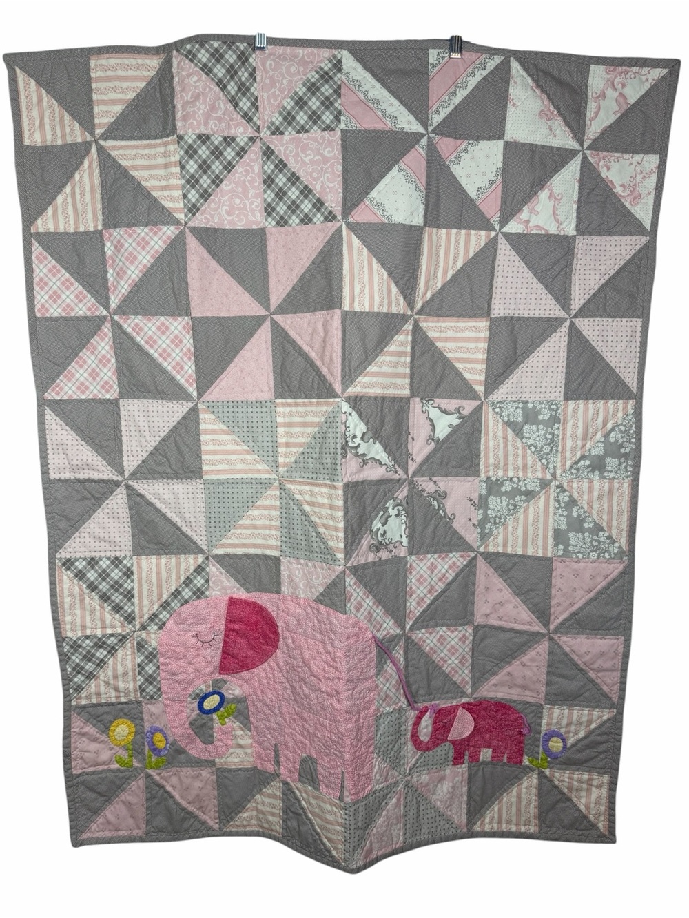 Handmade Baby E is for Elephant Quilt or play blanket 50x39 Pink & Gray